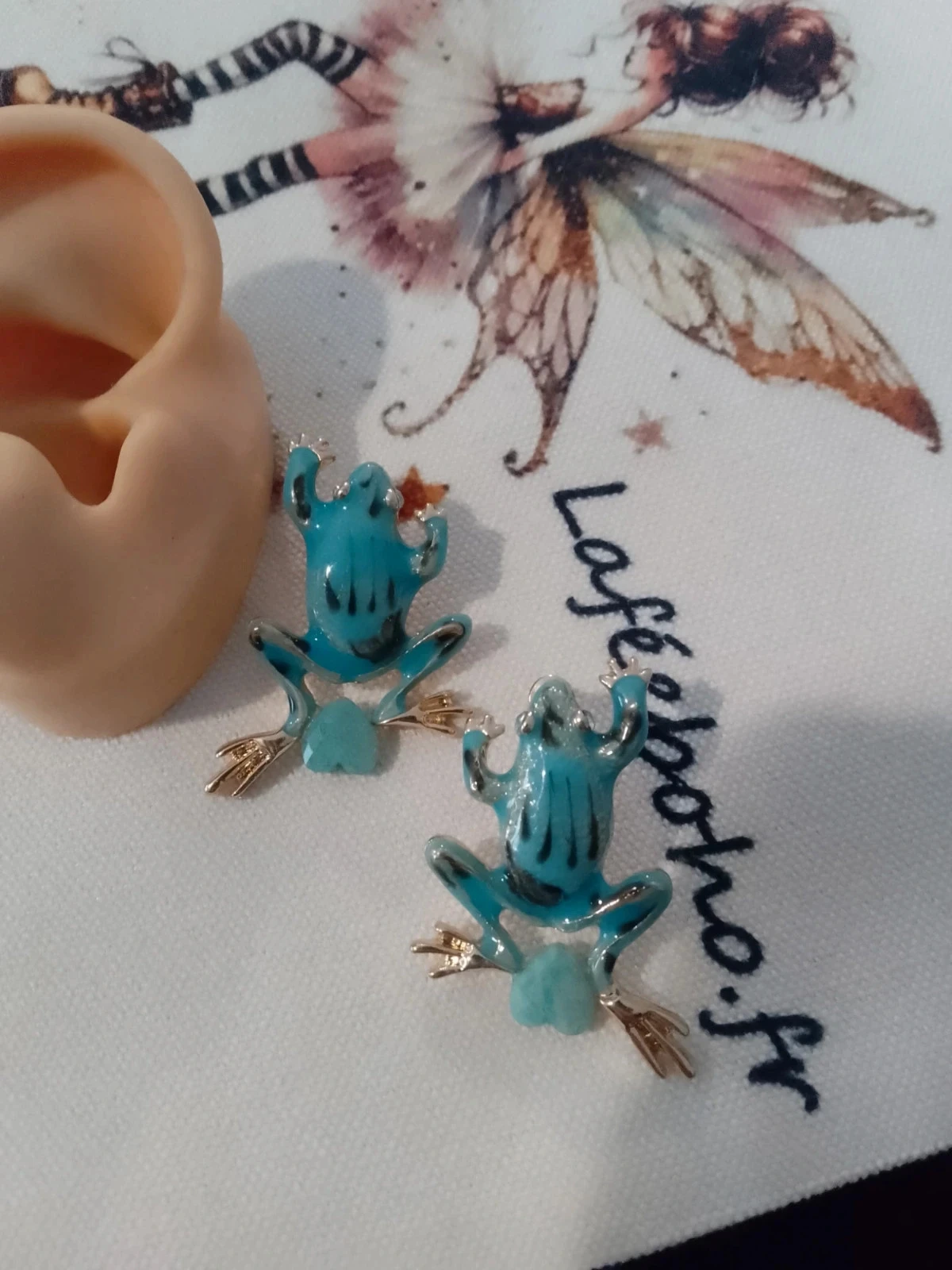 Boucles d'oreilles grenouilles avec pierres naturelles d'amazonite en cœurs – photo 2